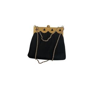 Vtg Harry Levine Handbag Black Satin Scallop Framed Satchel Chain Strap